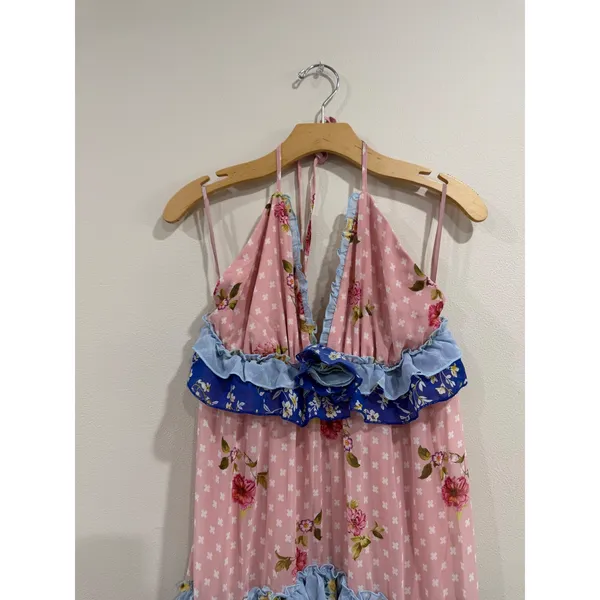Faeriesty Pink Floral Tiered Halter Maxi Dress Ruffle Cottagecore XL Rose Print‎ - Image 5