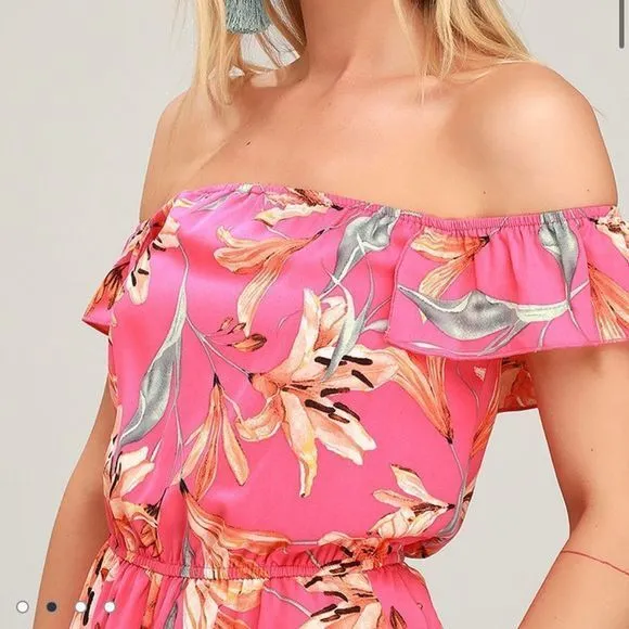 Lulus After Sunset Magenta Pink Floral Off the Shoulder Romper‎ SMALL - Image 2