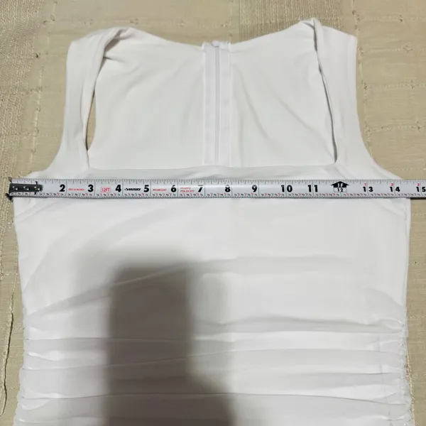 Fairy White Ruched Mesh Ruffle Hem Bodycon Lined Dress Square Neck Sleeveless‎ S - Image 11