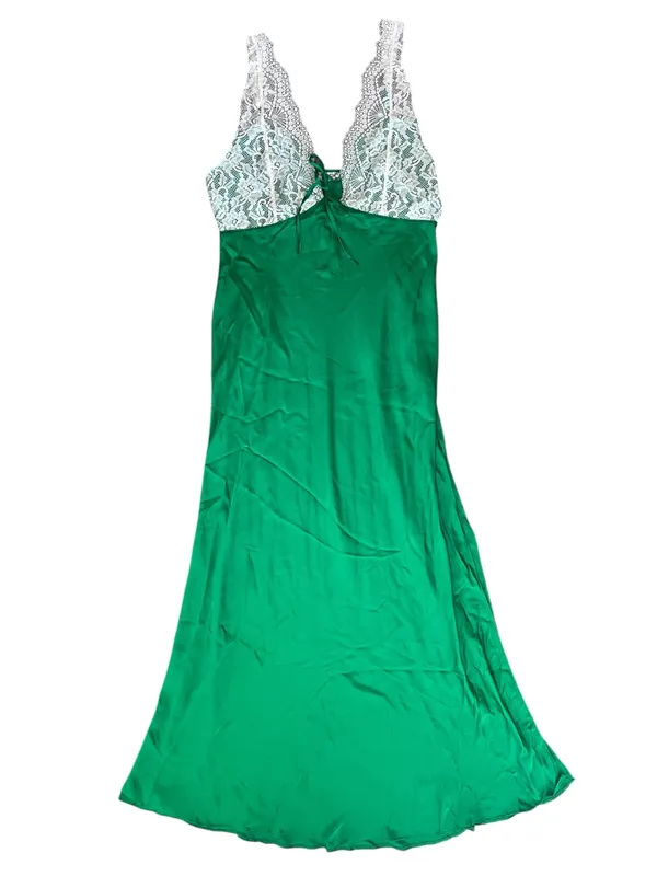 Free People FP Women’s Countryside White Green Satin Maxi Slip Dress Size Large - Image 11