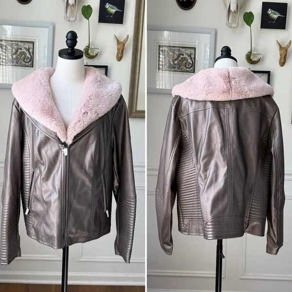 NWT Midnight Velvet Metallic Taupe Faux Leather Moto Jacket Pink Faux Fur Collar - Image 2