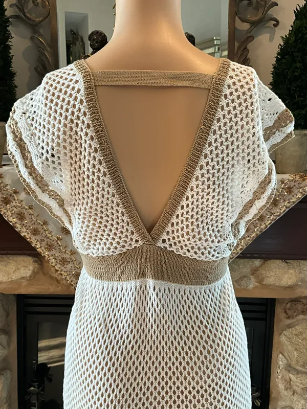 Beautiful White And Tan Beach Cover Up Dress L - Image 7