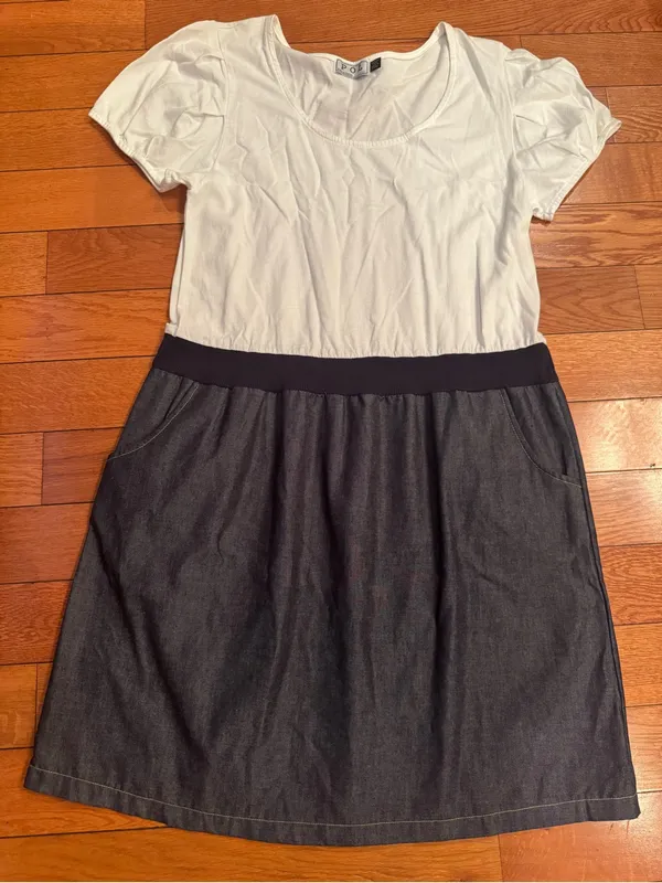 POL White Short-Sleeve Mixed-Media Dress with Denim Skirt Size Large Like New - Image 2