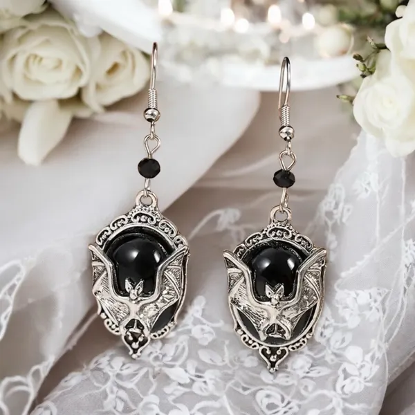 Gothic Bat Cameo Vintage Style Synthetic Black Silver-Plated Alloy Drop Earrings - Image 4