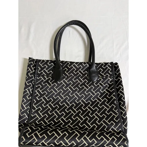 Tommy Hilfiger Monogram Tote Bag Black White Geometric Stripe Gold Buckle Charm - Image 5