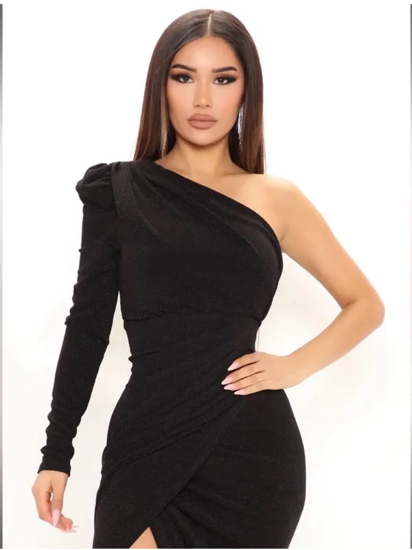 One-Shoulder Black Shimmery Assymetric Midi Dress with Side Slit’, size Large - Image 2