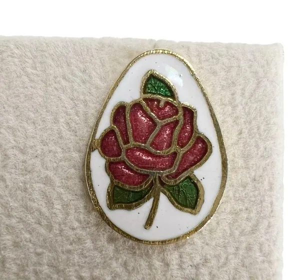 Vintage Red Rose Cloisonné Enamel Egg Shaped Pierced Earrings - Image 6