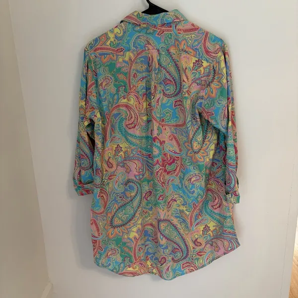 Lauren Ralph Lauren Women's Paisley Button Shirt Blouse Teal Pink Yellow Medium - Image 6