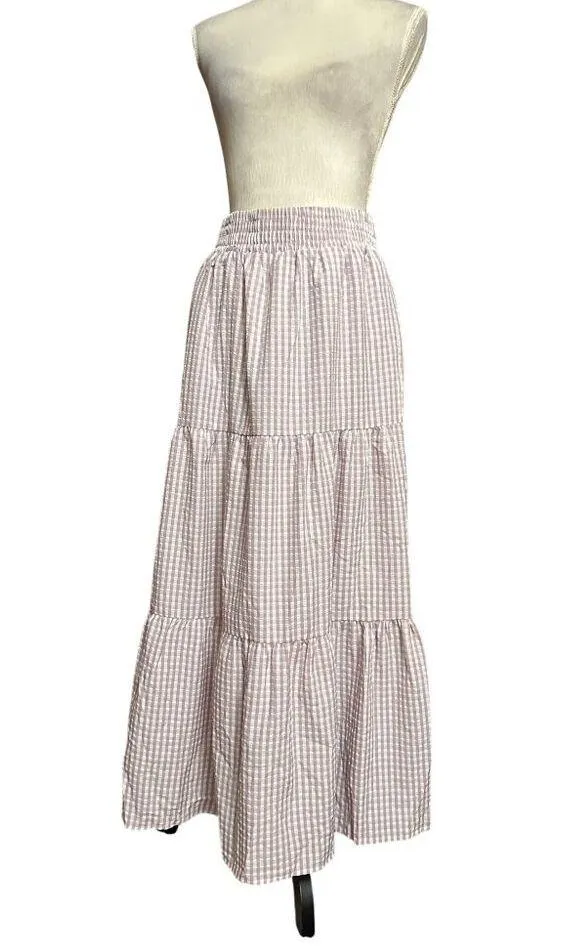 English Factory Check Print Tiered Maxi Skirt Gingham High-Waisted Size M NWT - Image 3