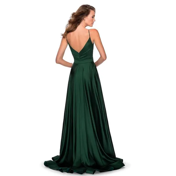 La Femme blue satin v neck ruched bodice ball gown style 28607 - Image 4