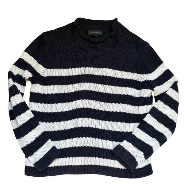 J Crew Always Womens XS Navy White Striped Cotton Mock Neck Shaker Knit‎ Sweater - Image 3