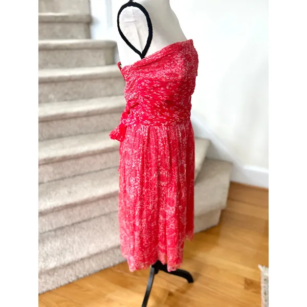 NWT WDNY Silk Hot Pink Ruched Floral Strapless Sequin Midi Tea Dress - Image 4