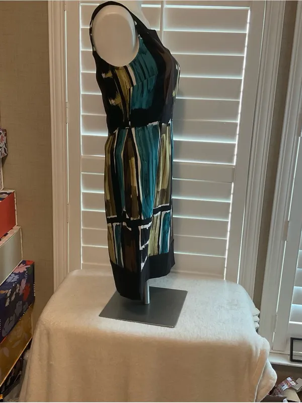 dressbarn Black Mini Dress with Teal and Olive Abstract Blocks - Image 2