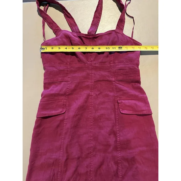Anthropologie Square Neck Linen Blend Mini Cargo Stretch Dress 10 Burgundy Boho - Image 7
