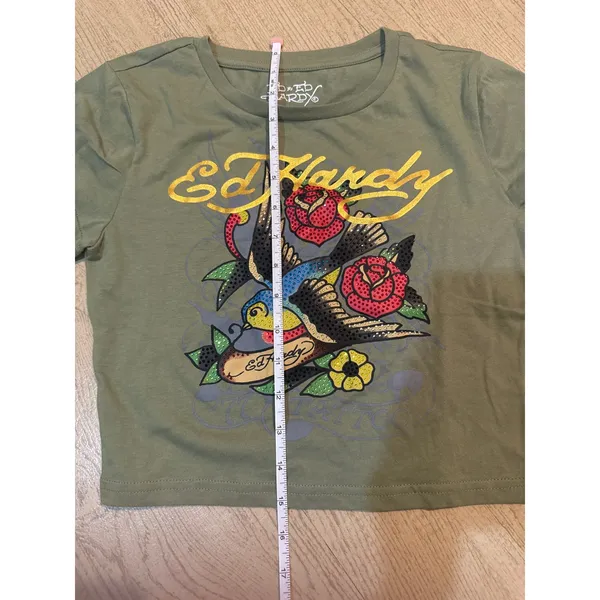 NWEd Hardy Womens Rhinestone‎ Swallow Tattoo Crop Top Olive Green Y2K Tee Small - Image 5