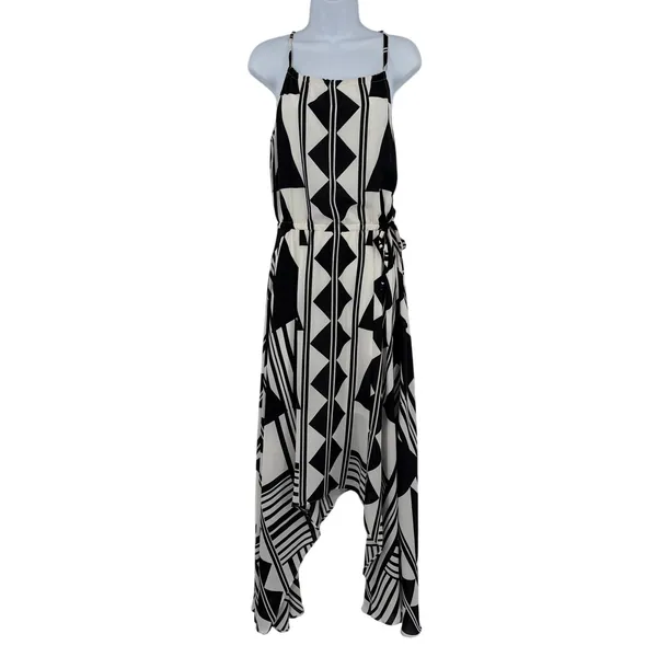 Express Asymmetric Geometric Maxi Dress Sz XS Resort Art Deco Monochrome Hanky - Image 2