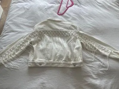 New White Fringe Denim Jacket - Image 2