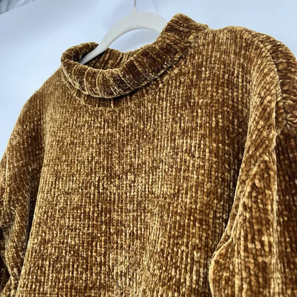 Women's Sweater Velvet Chelsea & Theodore Mock Mustard Yellow Brown Crop Relax - Image 8