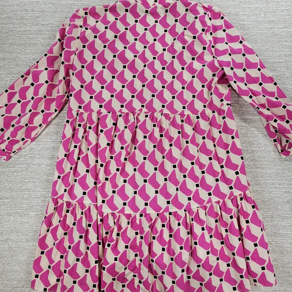 Zara Geometric Babydoll Dress Womens Medium Pink High Low Tunic Tiered Loose Fit - Image 13