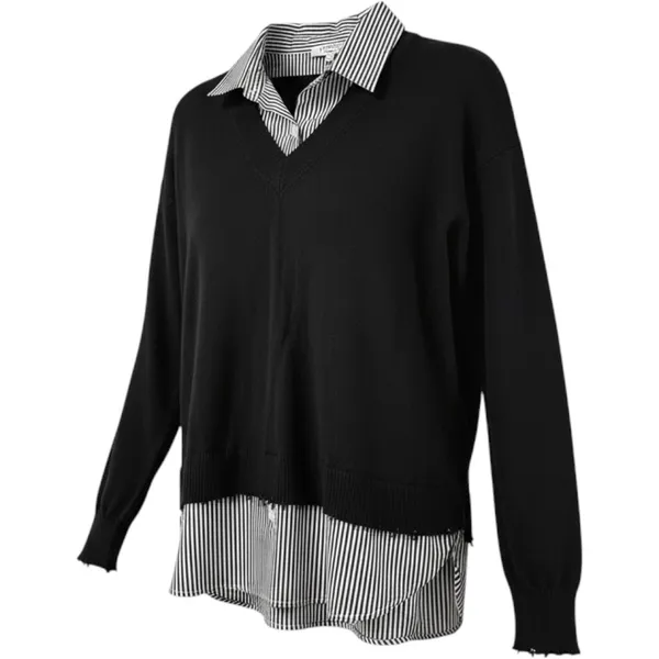 J. Society Layered Sweater Shirt S Black V-Neck Striped Collar Distressed Hem - Image 3