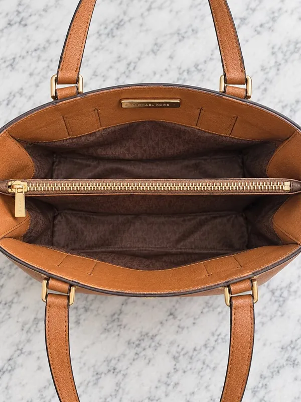 Michael Kors Signature Stripe Satchel Brown Gold Charm NWT - Image 6