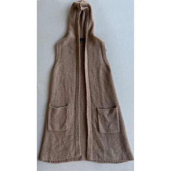 Tahari Womens Camel Tan Wool Blend Sleeveless Hooded Sweater Vest XS Longline - Image 9
