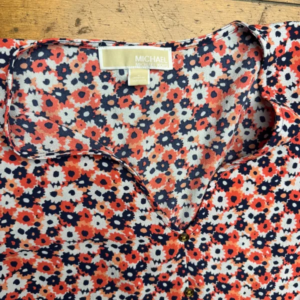 Michael Kors Floral Print V Neck Button Front Tie Waist Blouse Top‎ Women's L - Image 3