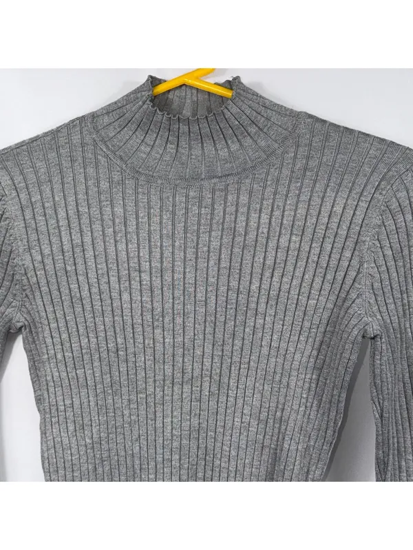 Gray Ribbed Mock Neck Sweater XS Button Cuff - Image 2