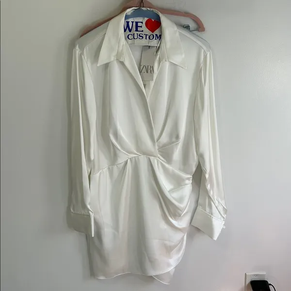 Zara White Satin Effect Draped Shirt Dress - Image 5