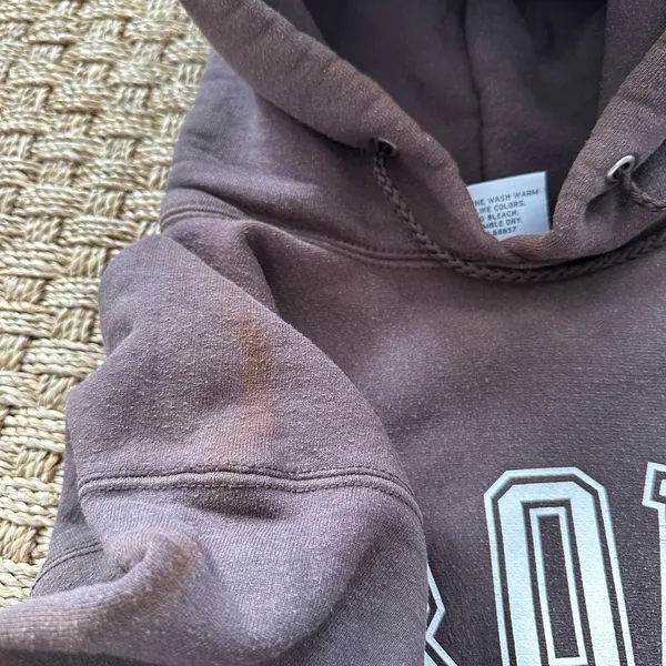 Vintage Brown University Graphic Print Fleece Pullover Hoodie Pockets Brown M - Image 8