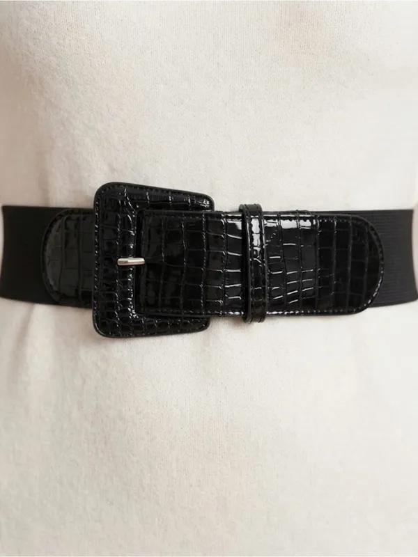 80s Vintage The Limited Black Faux Crocodile Elastic Cinch Belt - Image 2