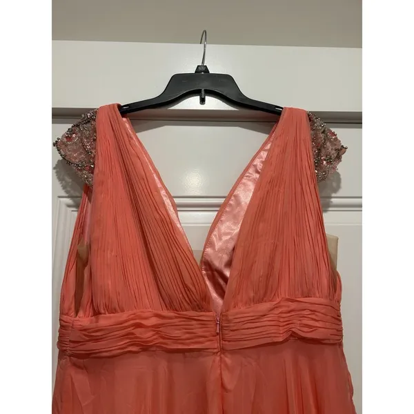 MAC DUGGAL Size 16 Coral Gown Wedding Formal Ball Gown Pleated Bodice Sequins - Image 8
