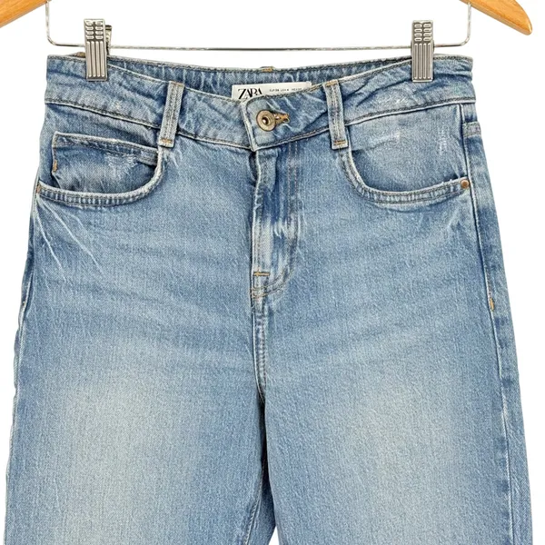 Zara‎ Straight Leg Jeans Womens 4 Light Blue High Rise Distressed Denim Turkey - Image 2