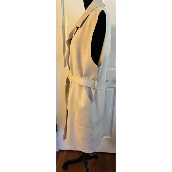 ZARA Faux Suede Sleeveless Trenchcoat Vest Womens XXL Beige Belted Long Line NEW - Image 3
