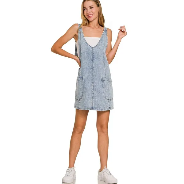 Zenana Denim Overall Dress with Front Pockets - Light - Small - Image 6