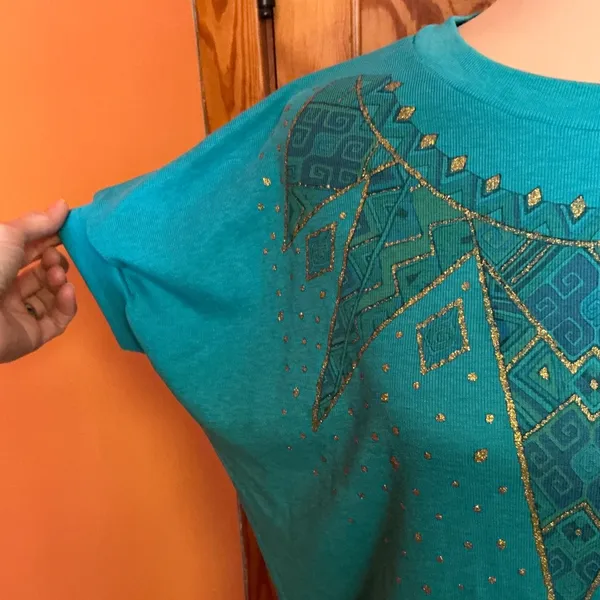 Vintage 80s Teal Gold Glitter Geometric Graphic Top Metallic Print Shirt - Image 5