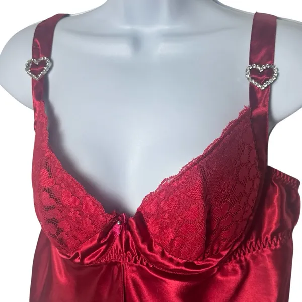 Frederick’s of Hollywood Wine Red Heart Jeweled Embroidered Teddy Top XL‎ - Image 3