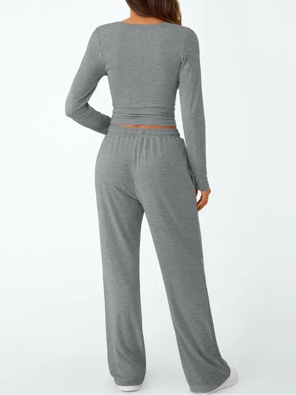 EKOUAER Woman’s Gray Wide-Leg Lounge Pant Drawstring Waist Long Sleeve Set Small - Image 4