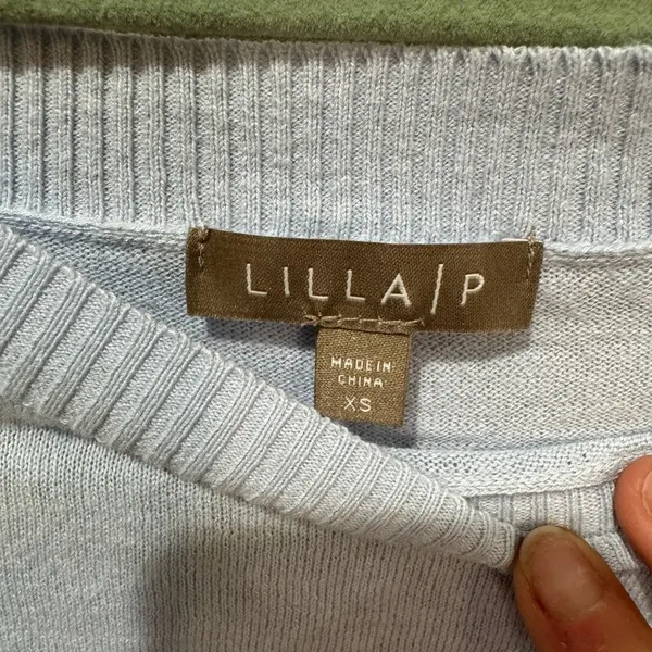 LILLA P rib trim puff sleeve‎ sweater in light blue sz XS - Image 4