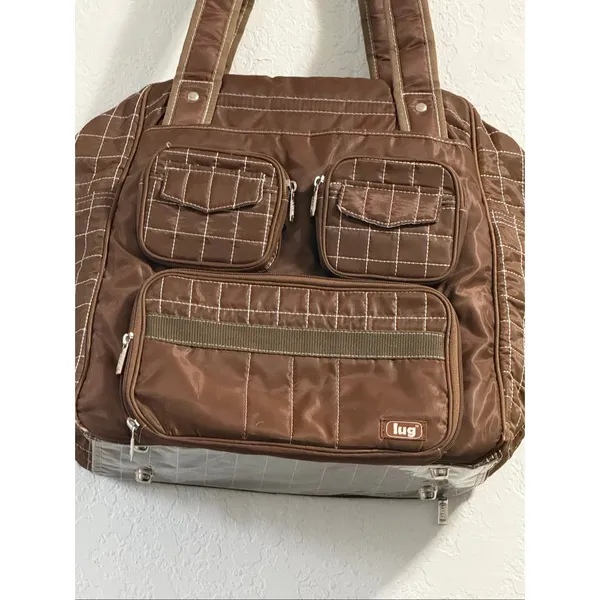 Large Lug Puddle Jumper Brown Quilted Tote Travel Overnight Carryon Bag Pockets - Image 3