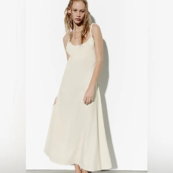 Zara Bloggers Fav Ecru Linen Blend Bohemian Open Back Cut Out Midi Dress‎ Sz L - Image 4