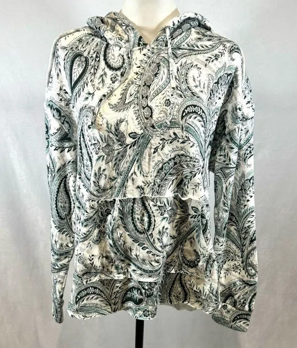 JM Active ivory and green paisley print soft brushed hoodie size medium NWT - Image 2