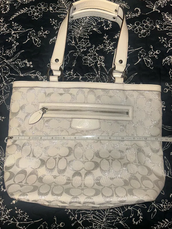 COACH White and Silver Shimmer Signature C Shoulder Purse - Image 13