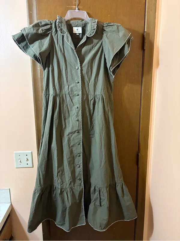 Tuckernuck Alice Ruffle Sleeve Midi Dress in Olive Green - Image 4