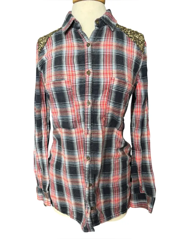 Free People Plaid Button-Down Tunic Shirt Gold Sequin Shoulder Accents S/P - Image 2
