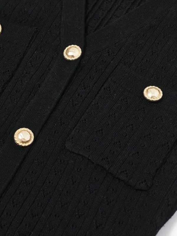 Black Tweed Mini Dress | Gold Button Sleeveless Peplum | Chic Luxury L - Image 6