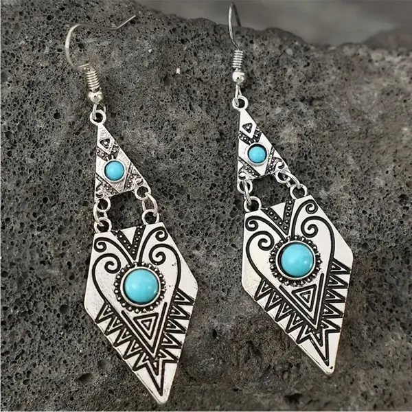 Carved Geometric Shape With Turquoise Decor Dangle Earrings Retro Bohemian Style - Image 2