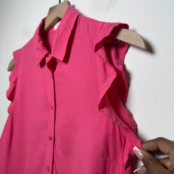 Cloth & Stone Women Ruffle Button‎ Down XS Pink Vibrant Hibiscus Sleeveless Top - Image 8