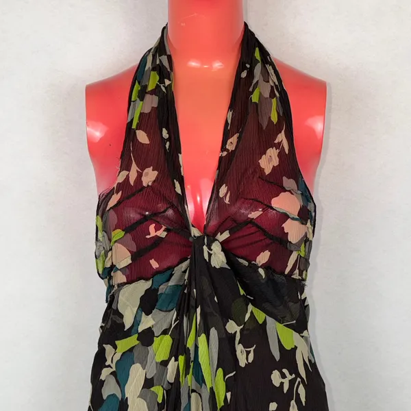 Carlisle Silk Halter Dress Womens 6 Brown Floral Handkerchief Hem Midi Wedding - Image 2