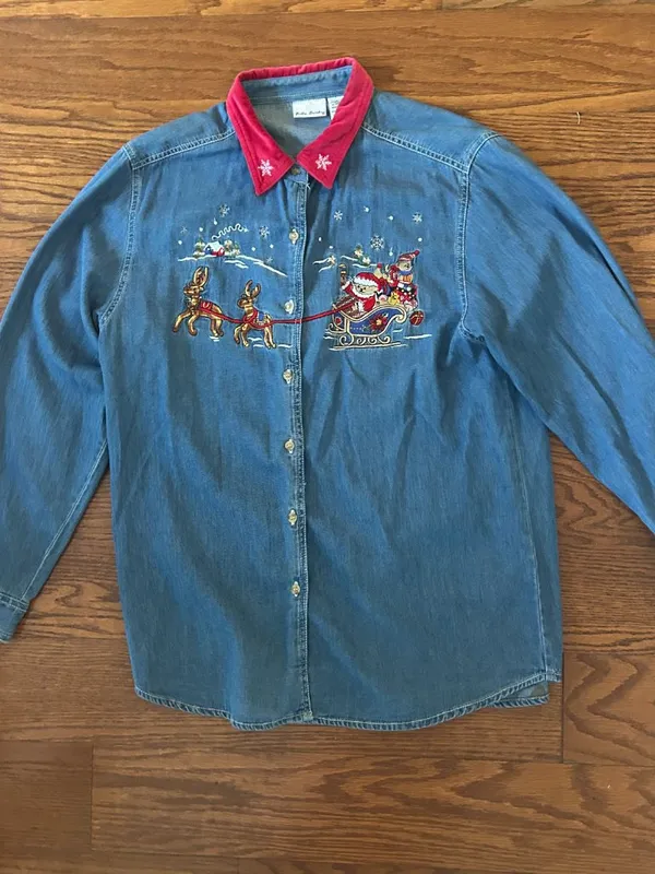 Y2K Bobbie Brooks Santa Reindeer Embroidered Denim Button-Down Shirt Size Large - Image 12